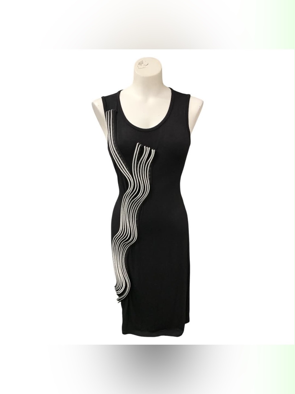 Simon Chang Black Midi Dress with White Wave Detail Size M